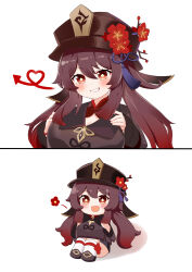 Rule 34 | absurdres, blush, brown hair, chibi, comic, flower, genshin impact, grin, hair between eyes, hat, highres, hu tao (genshin impact), knees to chest, looking at viewer, open mouth, red eyes, red flower, simple background, sitting, smile, symbol-shaped pupils, white background, yaoli (ysxbd)