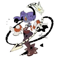 Rule 34 | 1girl, blue hair, blue skin, colored skin, detached collar, detached sleeves, dress, full body, hair over one eye, leviathan (skullgirls), long sleeves, red eyes, skullgirls, smile, solo, squigly (skullgirls), standing, stitched mouth, stitches, striped sleeves, white background, wide sleeves, yamada9000, zombie
