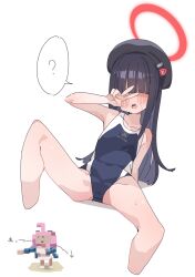 Rule 34 | 2girls, ?, absurdres, arm support, beret, bikini, black hair, blue archive, blunt bangs, blush, breasts, hair over eyes, halo, hat, highres, hoshino (blue archive), hoshino (swimsuit) (blue archive), justice task force member (blue archive), koyansuee, long hair, multiple girls, one-piece swimsuit, pink hair, school uniform, simple background, small breasts, spoken question mark, spread legs, swimsuit, v, v over eye, white background
