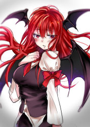 Rule 34 | 1girl, arm ribbon, armband, bad id, bad pixiv id, bat wings, black vest, blurry, blush, bow, breasts, commentary request, cowboy shot, dress shirt, eyelashes, hair between eyes, hand on own chest, head wings, highres, juliet sleeves, koakuma, long sleeves, messy hair, necktie, niku (hamuchang), parted lips, puffy sleeves, red eyes, red hair, red necktie, ribbon, shirt, simple background, sketch, solo, sparkle, touhou, untucked shirt, vest, vignetting, white background, white shirt, wings