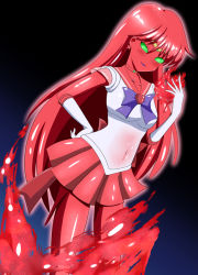 Rule 34 | bishoujo senshi sailor moon, bow, breasts, choker, circlet, covered navel, earrings, elbow gloves, gloves, gradient background, green eyes, jamanen, jewelry, long hair, looking at viewer, medium breasts, monster girl, monsterification, necklace, red choker, red skirt, rethnick, sailor mars, sailor senshi uniform, shirt, skirt, sleeveless, slime girl, slimification, standing, star (symbol), star earrings, very long hair, white gloves, white shirt