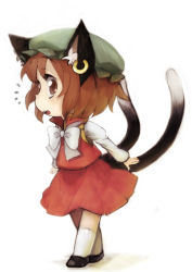 Rule 34 | 1girl, absurdres, animal ears, bad id, bad pixiv id, brown eyes, brown hair, cat ears, cat girl, cat tail, chen, earrings, female focus, full body, hat, highres, jewelry, mitsuki32k, multiple tails, short hair, solo, tail, touhou, white background