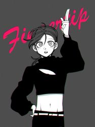 Rule 34 | 1boy, cleavage cutout, clothing cutout, crop top, freckles, greyscale, groin, jojo no kimyou na bouken, long hair, male focus, midriff, monochrome, ribbed sweater, salute, sempon (doppio note), solo, sweater, turtleneck, two-finger salute, vinegar doppio