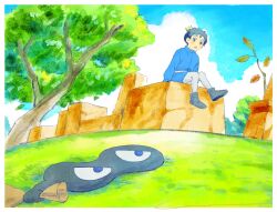 Rule 34 | 1boy, :o, black eyes, black footwear, black hair, blue shirt, blue sky, blue tunic, blush, bojji, boots, border, cinema (cinema rok), cloud, commentary request, crown, day, grass, holding, holding sack, kage (ousama ranking), long sleeves, looking at another, male focus, mini crown, open mouth, ousama ranking, outdoors, pants, rock, sack, sash, shirt, short hair, signature, sitting, sky, tilted headwear, tree, tunic, v-shaped eyebrows, white border, white pants, white sash