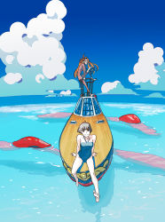 Rule 34 | 00s, 1boy, 1girl, arm support, bare shoulders, barefoot, black hair, blue one-piece swimsuit, boat, book, cloud, collarbone, day, frown, fujimoto, gake no ue no ponyo, highres, horizon, leaning, legs, long hair, ocean, one-piece swimsuit, orange hair, lisa (ponyo), short hair, sitting, sky, smile, standing, striped, studio ghibli, swimsuit, tombiiwa, watercraft