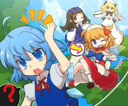 Rule 34 | 4girls, black hair, blonde hair, blue eyes, bow, chestnut mouth, cirno, dress, drill hair, fang, hair bow, inuinui, long hair, luna child, multiple girls, one eye closed, open mouth, red eyes, short hair, skirt, smile, star sapphire, sunny milk, theft, touhou, twintails, wings, wink