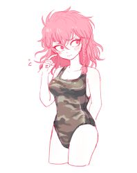 Rule 34 | 1girl, bad id, bad pixiv id, blush, braid, breasts, camouflage, camouflage swimsuit, cleavage, danganronpa (series), danganronpa 2: goodbye despair, finger to face, genderswap, genderswap (mtf), looking to the side, medium breasts, one-piece swimsuit, pink hair, simple background, solo, soda kazuichi, swimsuit, uzicha, white background