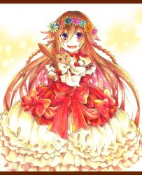 Rule 34 | 00s, 1girl, alice (pandora hearts), asagao minoru, bad id, bad pixiv id, bare shoulders, bell line gown, bow, braid, brown hair, choker, dress, flower, frilled dress, frills, highres, letterboxed, long hair, open mouth, pandora hearts, purple eyes, ribbon, smile, solo, stuffed animal, stuffed rabbit, stuffed toy, traditional media, very long hair, wrench