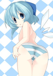 Rule 34 | ase (nigesapo), ass, blue eyes, blue hair, blue ribbon, blush, cirno, hair ribbon, highres, ice, ice wings, open mouth, panties, ribbon, short hair, solo, striped clothes, striped panties, topless, touhou, underwear, wings