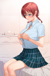 Rule 34 | 1girl, a1 (initial-g), adjusting clothes, adjusting shirt, bed, blue eyes, braid, breasts, collared shirt, commentary request, emma verde, green skirt, highres, large breasts, love live!, love live! nijigasaki high school idol club, on bed, plaid, plaid skirt, red hair, shirt, short hair, short sleeves, sitting, skirt, solo, thighs, tissue, tissue box, twin braids