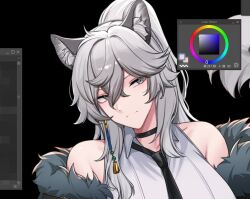 1girl animal_ear_fluff animal_ears arknights bare_shoulders black_background black_choker black_necktie breasts choker clip_studio_paint_(medium) closed_mouth collared_shirt color_wheel commentary english_commentary enough_333 fur-trimmed_jacket fur_trim genderswap genderswap_(mtf) grey_eyes grey_hair hair_between_eyes hair_ornament half-closed_eyes head_tilt jacket large_breasts light_smile long_hair necktie off_shoulder shirt silverash_(arknights) sleeveless sleeveless_shirt solo unfinished upper_body white_shirt window_(computing)