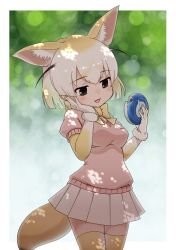Rule 34 | 1girl, :3, animal ears, blonde hair, blush, bow, bowtie, brown eyes, cowboy shot, eating, elbow gloves, extra ears, fennec (kemono friends), food, fox ears, fox girl, fox tail, fur trim, gloves, hoshino mitsuki, japari bun, japari symbol, kemono friends, kemono friends 3, multicolored hair, open mouth, pink sweater vest, pleated skirt, puffy short sleeves, puffy sleeves, short hair, short sleeves, skirt, solo, sweater vest, tail, thighhighs, white hair, white skirt, yellow bow, yellow bowtie, yellow gloves, yellow thighhighs, zettai ryouiki