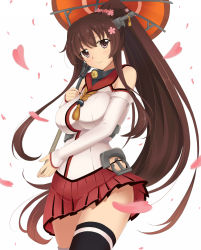 Rule 34 | 10s, 1girl, breasts, brown hair, cherry blossoms, detached sleeves, flower, hair flower, hair ornament, highres, kantai collection, large breasts, long hair, looking at viewer, nehani (tworship), ponytail, purple eyes, smile, solo, thighhighs, umbrella, very long hair, white background, yamato (kancolle)