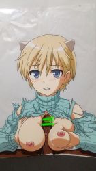 Rule 34 | 1boy, 1girl, absurdres, blonde hair, blue eyes, blush, breasts, censored, hasamimushi, hetero, highres, large breasts, nikka edvardine katajainen, paizuri, penis, rape, scowl, strike witches, sweater, tears, torn clothes, world witches series