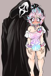 Rule 34 | 1boy, 1girl, anger vein, black cloak, blue hair, blush, bottomless, bracelet, breasts, bright pupils, choker, cleavage, cloak, commentary, crossover, earrings, english commentary, full-face blush, ghostface, grey background, head tilt, highres, hood, hood up, hooded cloak, idolmaster, idolmaster cinderella girls, jewelry, kecchi0, large breasts, lifting person, mask, multicolored hair, nervous smile, parted lips, pink choker, pink eyes, pink hair, scream (movie), shirt, short hair, skeleton print, smile, streaked hair, white pupils, white shirt, yumemi riamu