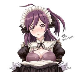 Rule 34 | 1girl, ahoge, alternate costume, artist name, black dress, blush, bra, breasts, brown eyes, closed mouth, clothes lift, dated, dress, dress lift, enmaided, gloves, hagikaze (kancolle), kantai collection, large breasts, lifted by self, long hair, maid, maid headdress, one side up, puffy short sleeves, puffy sleeves, purple bra, purple hair, short sleeves, signature, simple background, solo, tk8d32, underwear, upper body, white background, white gloves