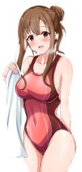 Rule 34 | 1girl, absurdres, arm behind back, blunt bangs, blush, breasts, brown eyes, brown hair, cleavage, collarbone, commentary request, competition swimsuit, cowboy shot, hair bun, highres, holding, holding towel, idolmaster, idolmaster cinderella girls, large breasts, long hair, looking at viewer, mizumoto yukari, navel, one-piece swimsuit, open mouth, raindrop746079, red one-piece swimsuit, sidelocks, simple background, smile, solo, sports bikini, standing, steam, swimsuit, thighs, towel, wet, white background