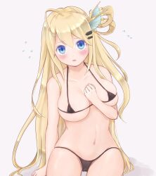 Rule 34 | 1girl, ahoge, bikini, black bikini, blonde hair, blue eyes, blush, breasts, clenched hands, flying sweatdrops, hair ornament, hairclip, hand on own chest, large breasts, long hair, looking at viewer, micro bikini, navel, non-web source, parted lips, sitting, solo, swimsuit, tagme