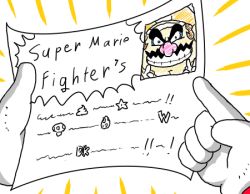 Rule 34 | 2boys, double v, egg, facial hair, gloves, grin, hard-translated, letter, lowres, male focus, mario, mario (series), multiple boys, mushroom, mustache, nintendo, note, photo (object), pointing, poop, smile, star (symbol), super mario bros. 1, third-party edit, translated, v, wario, yoshi egg