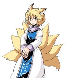 Rule 34 | 1girl, animal ears, blonde hair, dress, expressionless, fox ears, fox tail, multiple tails, no headwear, short hair, simple background, solo, tabard, tail, tako (plastic protein), touhou, white background, yakumo ran, yellow eyes