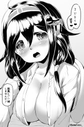 Rule 34 | 10s, 1girl, ahoge, blush, breasts, dress shirt, female focus, greyscale, hair ornament, hairband, hairclip, highres, kantai collection, large breasts, looking at viewer, low twintails, monochrome, open clothes, open mouth, ryuuhou (kancolle), sakimori dan, shirt, smile, solo, taigei (kancolle), translation request, twintails, whale hair ornament
