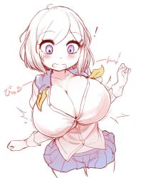 Rule 34 | 1girl, blouse, blue eyes, blush, bouncing breasts, breast expansion, breasts, bursting breasts, burunpuku, cleavage, eyes visible through hair, gloves, hair ornament, hair over one eye, hairclip, hamakaze (kancolle), huge breasts, kantai collection, open mouth, pleated skirt, popped button, school uniform, serafuku, shirt, short hair, simple background, skirt, solo, sound effects, surprised, thigh gap, wardrobe malfunction, white background, white gloves, white hair