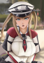 Rule 34 | 10s, 1girl, artist name, blonde hair, blue eyes, breasts, graf zeppelin (kancolle), hat, highres, kantai collection, large breasts, long hair, military, military hat, military uniform, necktie, novcel, open mouth, peaked cap, portrait, solo, teeth, twintails, uniform