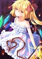 Rule 34 | 1girl, alternate costume, alternate eye color, bad id, bad pixiv id, blonde hair, bride, checkered background, dress, flandre scarlet, laevatein, looking at viewer, off shoulder, parted lips, petals, short hair, side ponytail, solo, strap slip, touhou, transistor, wedding dress, wings, yellow eyes
