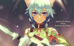 Rule 34 | 1girl, animal ear fluff, animal ears, artist name, blue eyes, blue hair, bow, bow (weapon), cat ears, character name, choker, close-up, copyright name, ctiahao, highres, holding, holding bow (weapon), holding weapon, looking at viewer, sinon, solo, sword art online, weapon