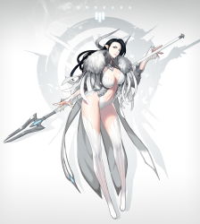 Rule 34 | 1girl, absurdres, black hair, boots, breasts, elf, full body, fur collar, highres, hong soon-jae, large breasts, leaning forward, lips, long hair, looking at viewer, navel, original, pale skin, pointy ears, polearm, puffy sleeves, spear, thigh boots, thighhighs, weapon, white theme