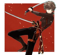 Rule 34 | 1boy, belt, belt buckle, black footwear, black pants, brown belt, brown hair, buckle, buttons, command spell, dual wielding, fate/samurai remnant, fate (series), hair ribbon, highres, holding, katana, long sleeves, low ponytail, miyamoto iori (fate), official alternate costume, official alternate hairstyle, outside border, pants, partially unbuttoned, pinstripe pattern, pinstripe shirt, red background, red ribbon, ribbon, sheath, shirt, short ponytail, simple background, solo, striped clothes, striped shirt, sword, thigh belt, thigh strap, unsheathed, urtk07, vertical-striped clothes, vertical-striped shirt, weapon