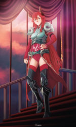 Rule 34 | 1girl, armor, artist name, blue eyes, borrowed character, breasts, curtains, erica (acerailgun), full body, greaves, hand on own hip, horns, long hair, long sleeves, original, red hair, roguetwo, shoulder pads, smile, solo, stairs, very long hair, walking, window