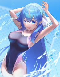 Rule 34 | 1girl, absurdres, aida563, armpits, blue eyes, blue hair, blue sky, breasts, character request, cloud, commentary request, competition swimsuit, copyright request, hair ornament, highleg, highleg swimsuit, highres, long hair, medium breasts, multicolored clothes, multicolored swimsuit, one-piece swimsuit, presenting armpit, sky, solo, splashing, swimsuit, virtual youtuber, water