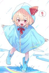 Rule 34 | !, 1girl, absurdres, blonde hair, blue footwear, blue raincoat, blush, boots, buttons, commentary, fang, hair between eyes, highres, hood, hood up, open mouth, puddle, rain poncho, rainbow, red eyes, red ribbon, ribbon, rubber boots, rumia, short hair, skin fang, smile, solo, spoken exclamation mark, symbol-only commentary, touhou, yubayuki