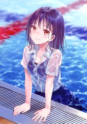 Rule 34 | 1girl, blue skirt, blush, breasts, button gap, buttons, closed mouth, collarbone, collared shirt, dress shirt, fukahire (ruinon), highres, looking at viewer, medium hair, one-piece swimsuit, original, pleated skirt, pool, purple hair, red eyes, scan, school swimsuit, see-through, shirt, shirt tucked in, short sleeves, skirt, small breasts, smile, solo, swimsuit, swimsuit under clothes, water, wet, wet clothes, wet shirt, white shirt