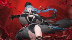 Rule 34 | 1girl, barbed wire, black coat, black gloves, black headwear, black leotard, black ribbon, blood, blood on face, blue hair, breasts, building, chest strap, cleavage, coat, coat on shoulders, commission, cowboy shot, fur-trimmed coat, fur trim, gloves, highres, holding, holding sword, holding weapon, indie virtual youtuber, ito haruko, large breasts, leotard, long hair, milkie (vtuber), open mouth, red background, ribbon, skeb commission, solo, sword, thigh gap, virtual youtuber, weapon, yellow eyes