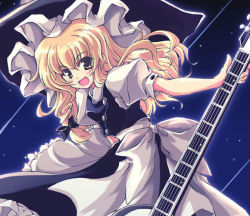 Rule 34 | 1girl, :d, black hat, blonde hair, blue background, electric guitar, female focus, guitar, hat, holding, instrument, kirisame marisa, long hair, open mouth, smile, solo, tooya, touhou, touya (the-moon), witch, witch hat, yellow eyes