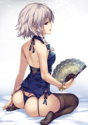 Rule 34 | 1girl, ass, back, bare back, bare shoulders, bed, bed sheet, black thighhighs, blue bow, blue eyes, blue panties, bow, bracelet, braid, breasts, feet, from behind, full body, garter belt, garter straps, hair bow, hand fan, highres, hip focus, izayoi sakuya, jewelry, lingerie, lips, long hair, medium breasts, monety, panties, profile, sideboob, sitting, solo, thighhighs, thighs, touhou, underwear, wariza