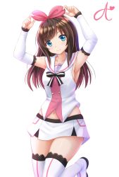 Rule 34 | 1girl, arm warmers, armpits, arms up, bare shoulders, blue eyes, blush, boots, bow, breasts, brown hair, closed mouth, collarbone, cowboy shot, hair bow, hairband, head tilt, highres, kazenokaze, kizuna ai, kizuna ai inc., leg up, long hair, looking at viewer, miniskirt, navel, pink bow, pink hair, pink hairband, ribbon, sailor collar, sideboob, simple background, skirt, sleeveless, small breasts, smile, solo, standing, standing on one leg, striped ribbon, tareme, thigh boots, thighhighs, vest, virtual youtuber, white background, white footwear, white skirt, white thighhighs, white vest, zettai ryouiki