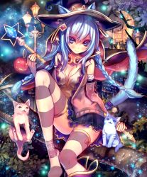 Rule 34 | 10s, 1girl, animal ears, artist request, bell, blue eyes, blue hair, braid, cape, castle, cat, cat ears, cat tail, cygames, detached sleeves, ears through headwear, hair ornament, hat, in tree, jack-o&#039;-lantern, lamppost, long hair, magic girl melvie, moon, official art, shadowverse, shingeki no bahamut, sitting, sitting in tree, skirt, smile, striped clothes, striped thighhighs, tail, thighhighs, tree, wand, witch hat