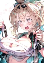 Rule 34 | 1girl, @ @, alternate breast size, black gloves, blonde hair, blush, breasts, commentary, english commentary, fingerless gloves, gloves, green eyes, hololive, kazama iroha, large breasts, redcomet, sarashi, short hair, solo, upper body, virtual youtuber, wavy mouth