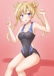 Rule 34 | 1girl, abukuma (kancolle), anti (untea9), black one-piece swimsuit, blonde hair, blue eyes, blue one-piece swimsuit, blush, breasts, collarbone, competition swimsuit, covered navel, gradient background, hair bun, hair rings, highres, kantai collection, long hair, looking at viewer, one-piece swimsuit, open mouth, pink background, sitting, small breasts, smile, solo, swimsuit, twintails, two-tone swimsuit