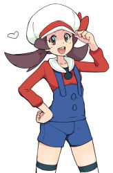 Rule 34 | 00s, 1girl, bow, brown eyes, brown hair, creatures (company), game freak, hat, hat bow, hat ribbon, heart, lyra (pokemon), nintendo, open mouth, overalls, pokemon, pokemon hgss, red ribbon, ribbon, shorts, simple background, solo, tamagoroo, thighhighs, twintails, white background