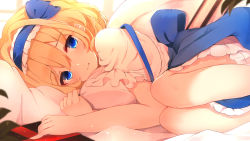 Rule 34 | 1girl, :t, alice margatroid, alice margatroid (pc-98), bad id, bad pixiv id, blonde hair, blue eyes, blue hairband, blue ribbon, blue skirt, blush, commentary, feet out of frame, frilled hairband, frills, hair between eyes, hair intakes, hair ribbon, hairband, indoors, knees up, lolita hairband, looking at viewer, lying, miniskirt, on stomach, petticoat, pillow, ribbon, shangurira, shirt, short hair, short sleeves, skirt, solo, suspenders, suspenders slip, touhou, touhou (pc-98), white shirt