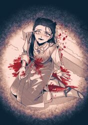 Rule 34 | 1girl, ace attorney, bead necklace, beads, blood, blood from mouth, blood on clothes, blood on hands, blood splatter, braid, breasts, dahlia hawthorne, furrowed brow, greyscale, highres, japanese clothes, jewelry, kimono, kneehighs, long hair, looking up, magatama, magatama necklace, medium breasts, monochrome, mosososo, necklace, obi, pedestal, phoenix wright: ace attorney - trials and tribulations, sandals, sash, seiza, sitting, smile, snow, socks, spoilers, spot color, tears, wide sleeves