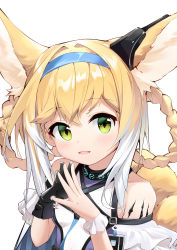 Rule 34 | 1girl, :d, absurdres, animal ear fluff, animal ears, arknights, bare shoulders, black gloves, blonde hair, blue hairband, blush, braid, braided hair rings, breasts, commentary, english commentary, flan ling, fox ears, fox girl, fox tail, gloves, green eyes, hair between eyes, hair rings, hairband, hands up, highres, kitsune, looking at viewer, multicolored hair, open mouth, purple shirt, shirt, simple background, single glove, small breasts, smile, solo, steepled fingers, suzuran (arknights), tail, twin braids, two-tone hair, upper body, white background, white hair