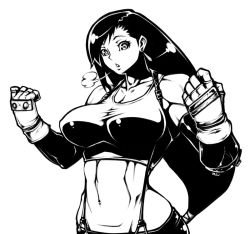 Rule 34 | 1990s (style), 1girl, 1zu3, abs, bad id, bad pixiv id, breasts, breath, chestnut mouth, earrings, female focus, final fantasy, final fantasy vii, fingerless gloves, gloves, greyscale, high contrast, jewelry, large breasts, long hair, midriff, monochrome, parted lips, solo, suspenders, tank top, tifa lockhart, very long hair