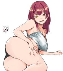 Rule 34 | 1girl, ass, black panties, breasts, camisole, commentary, disembodied eye, feet out of frame, heterochromia, hololive, houshou marine, karakr shin, licking lips, looking at viewer, lying, medium breasts, medium hair, midriff, on side, panties, red eyes, red hair, simple background, sleeveless, smile, solo, thighs, tongue, tongue out, underwear, virtual youtuber, white background, white camisole, yellow eyes