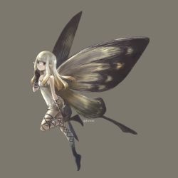 Rule 34 | 1girl, aerie (bravely default), bare shoulders, black footwear, black gloves, black thighhighs, bravely default: flying fairy, bravely default (series), brown eyes, butterfly wings, commentary request, dress, empty eyes, fairy, full body, gloves, grey background, hand on own chin, highres, huiyuan, insect wings, leg up, long hair, pointy ears, short dress, simple background, smile, solo, strapless, strapless dress, thigh strap, thighhighs, white dress, white hair, wings