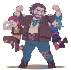 Rule 34 | 1boy, 2girls, aged down, arcane: league of legends, arcane vi, asymmetrical hair, beard, biceps, blue hair, brown hair, facial hair, flexing, happy, jacket, jinx (league of legends), league of legends, lifting person, looking at another, multiple girls, ncj0810, pink hair, powder (arcane), siblings, sidecut, simple background, sisters, smile, thick eyebrows, tomboy, undercut, vander (arcane), vi (league of legends), wrist wrap